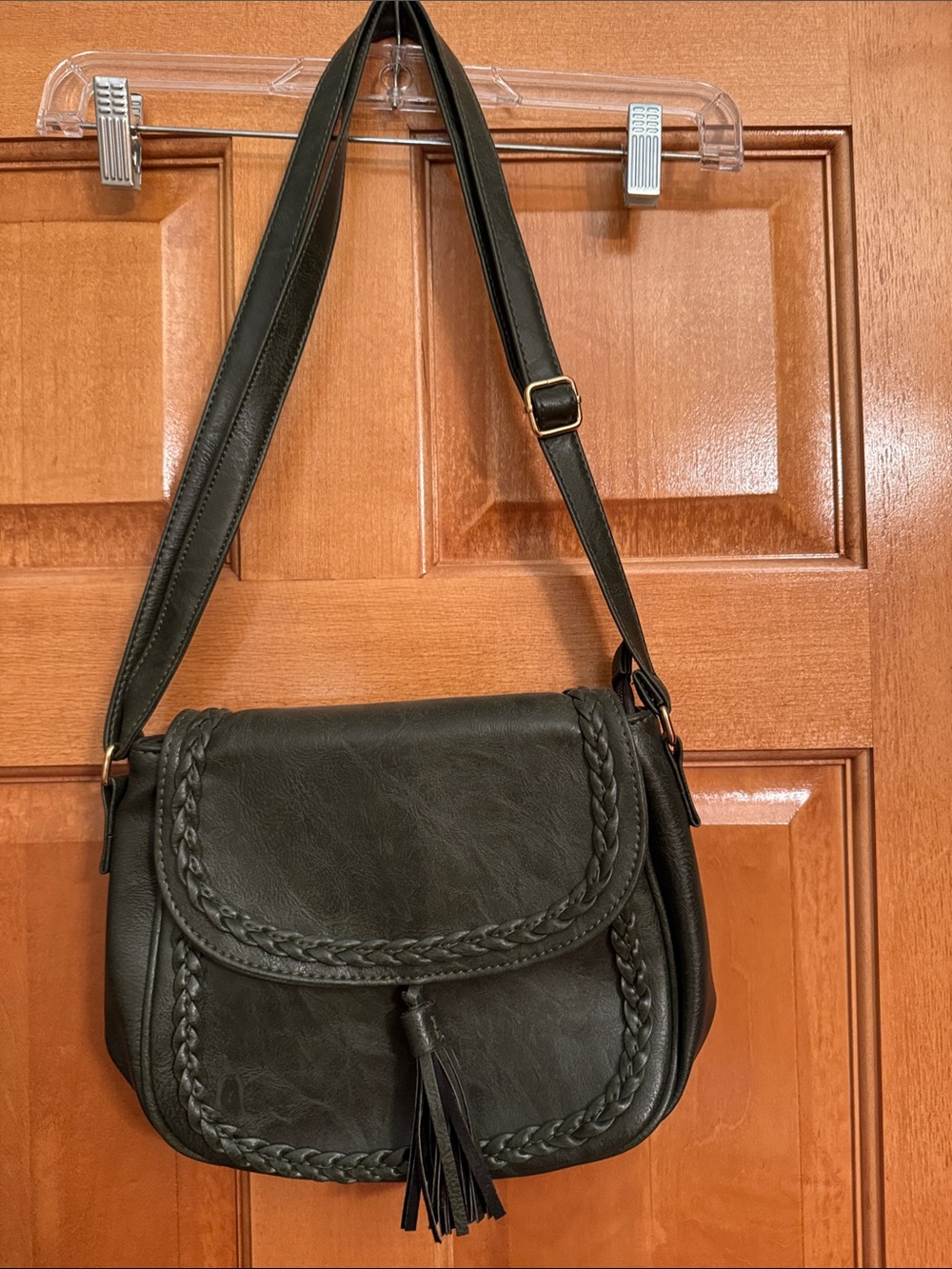 NWT Dark Green Leather Braided Crossbody Bag with Tassel